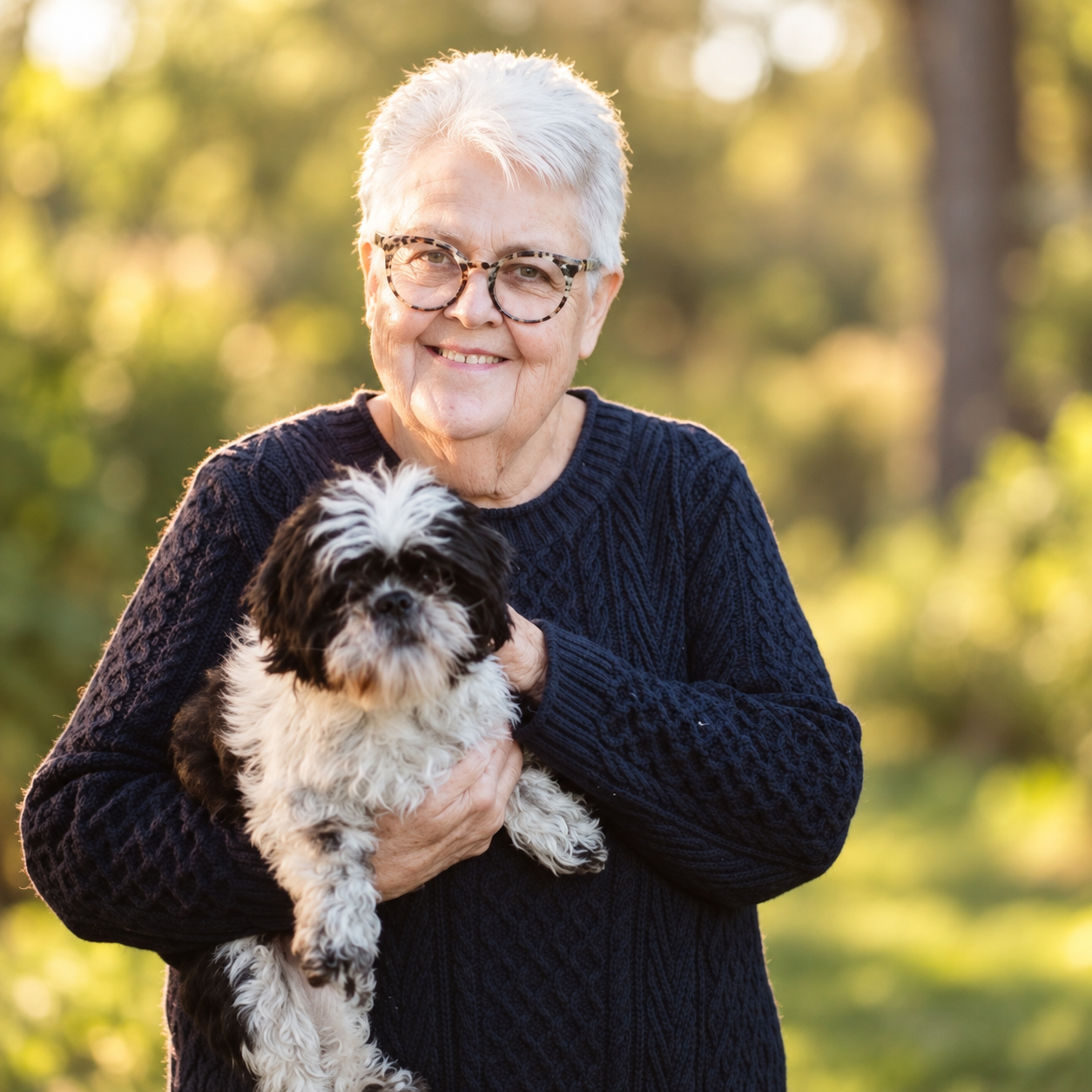 Pam Patterson, real estate agent in West Michigan, holding her small dog