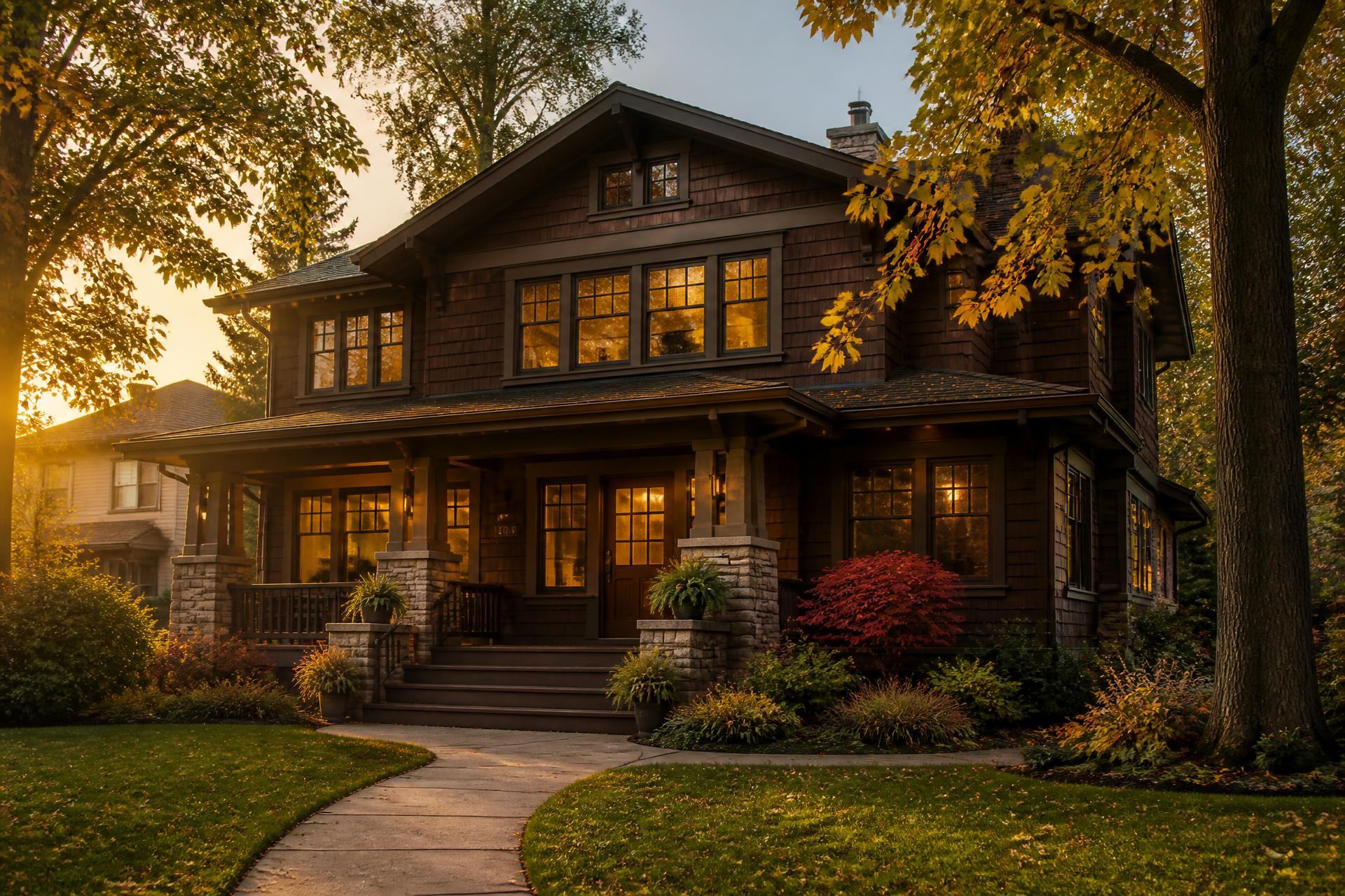 Craftsman home in a West Michigan neighborhood at golden hour