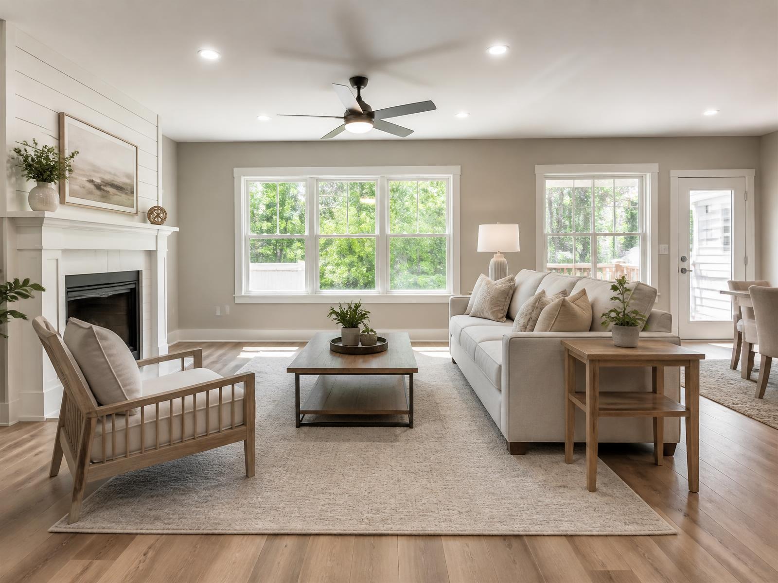 Updated living room with luxury vinyl plank flooring and neutral walls